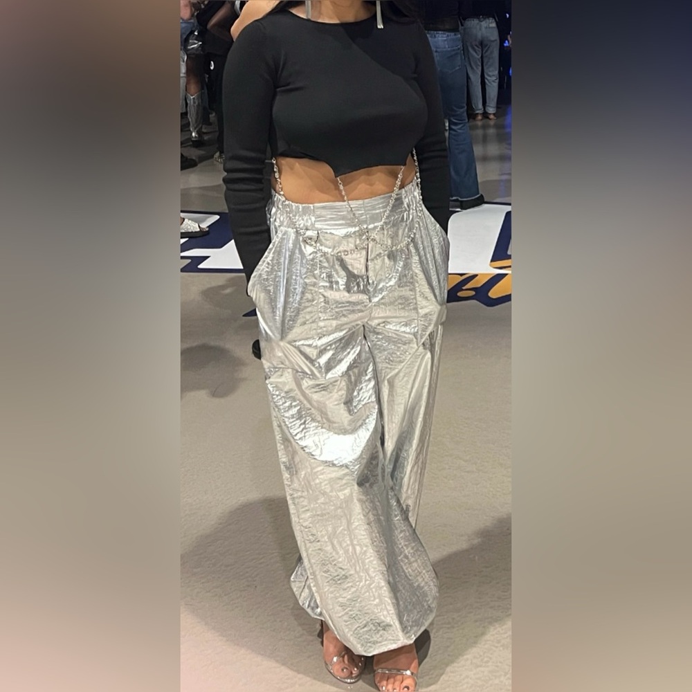 Zara Metallic Silver Parachute Pants Size Small